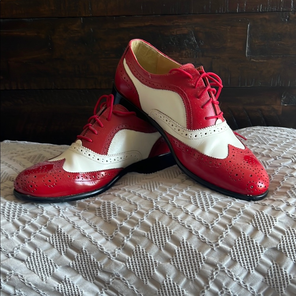 Red and White Wingtip Oxford Shoes